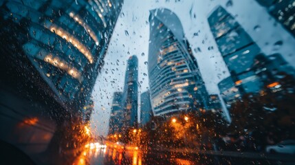 Urban Skyline Through Rainy Window with Shimmering City Lights