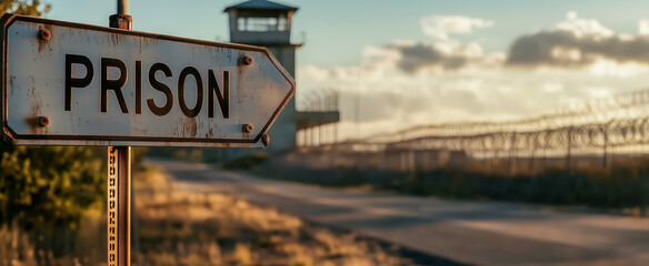Weathered prison sign with watchtower in the background at sunset