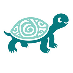 Illustration of a teal turtle with a patterned shell and a smiling face on a white background