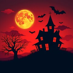 Spooky halloween night haunted house bats moon