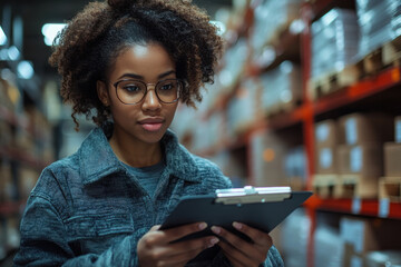 Woman in warehouse, focused on tablet.
