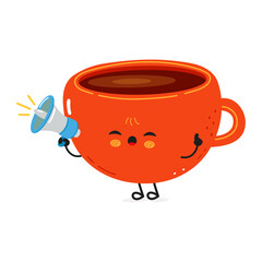 Orange Coffee Cup cartoon character holding megaphone making important announcement with funny hypnotized eyes