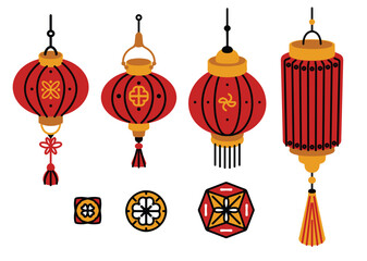 Set of decorative paper lanterns. Festive street lighting in Asian, Japanese and Chinese tradition. Simple flat red lanterns with ornament elements. Vector illustration.