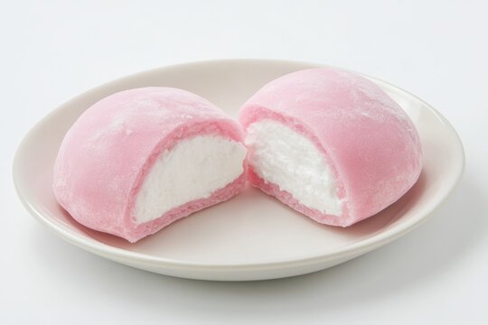 Delicious Japanese moti desserts. Close up. Asian rice daifuku dessert sweet mochi. Cut in half with filling. Traditional dessert mochi ice cream. Colorful rice cake. Fukashi manju. Culinary delights