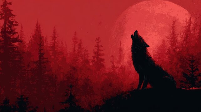 Lunar Serenade: A lone wolf, bathed in the crimson glow of twilight, joyfully howls at a colossal full moon, embodying the primal call of the wild and the mysterious allure of the night.