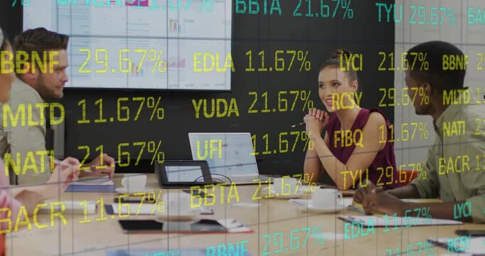 Three professionals reviewing documents while financial percentages animating over conference table
