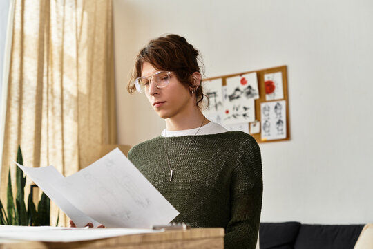 Young student reviewing academic papers in a cozy home environment to enhance learning skills