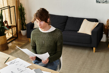 Young man studying at home while reviewing notes and sketches for his projects