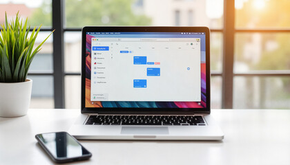 Laptop displaying calendar app on white desk with smartphone and plant  