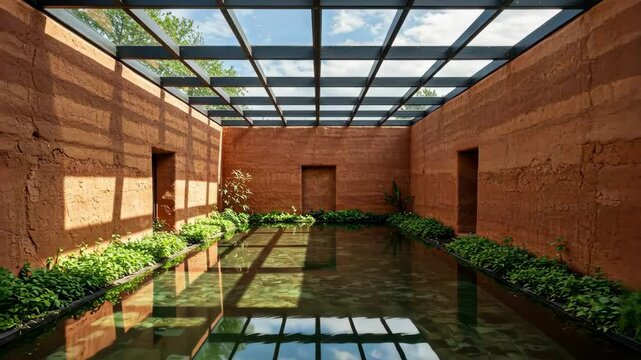 Interior courtyard with rammed earth walls, water pool, plants and sky