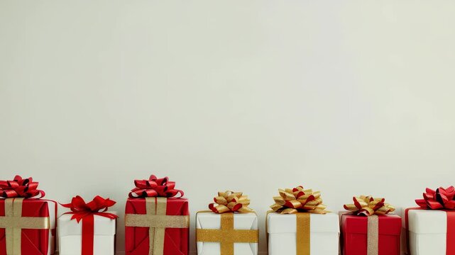 A row of wrapped gifts decorated with ribbons and bows set against a neutral background. The presents are varying shades of red and white. Festive and simple with space above.