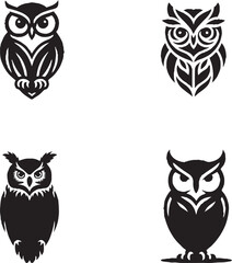 Black-and-White Stylized Owl Illustrations in Various Artistic Designs