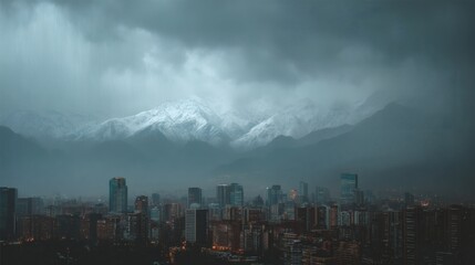 Dramatic Cityscape with Stormy Skies and Snowy Mountains in Distance