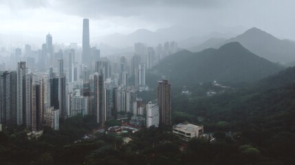 Urban Landscape with Mountains and Rainy Weather Over Hong Kong