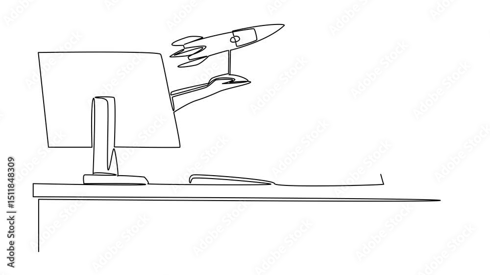 Poster animation of continuous one line drawing hands out of the monitor screen while holding a rocket. the