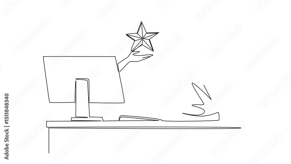 Poster self drawing animation of single line drawing hands out of monitor screen while holding a star shape