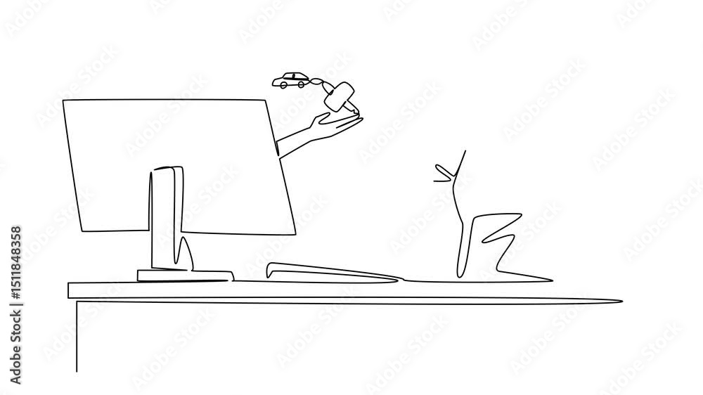 Poster self drawing animation of single continuous line drawing hands out of monitor screen while holding c