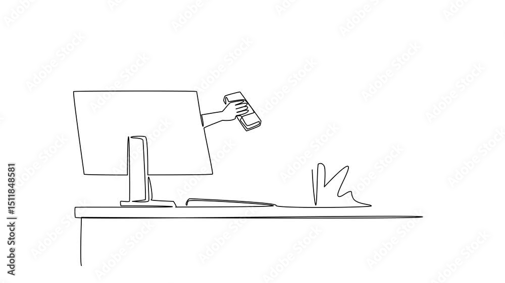 Poster animated self drawing of single one line drawing hands out of the monitor screen while holding a sta