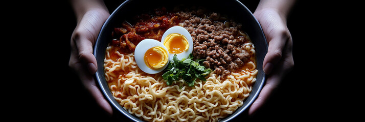 Hearst Choufta holds bowl of hot ramen with noodles, ground beef and eggs in it, black background.
