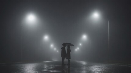 Obraz premium Romantic Encounter on Foggy Street with Umbrella at Night