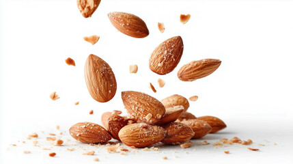 Isolated falling almond on white background.