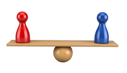 Red and blue pawns on the seesaw, one end is a wooden ball isolated on solid white background  