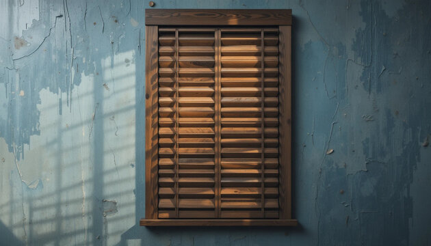 Wooden Window Shutter on Textured Wall with Sunlight and Shadow