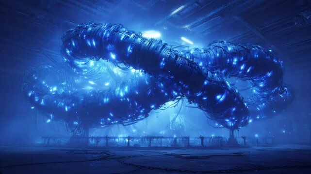 Alien structure pulses with unknown energy deep underwater. alien design glows in silence, defying human logic. alien shape floats, alive with strange intelligence.