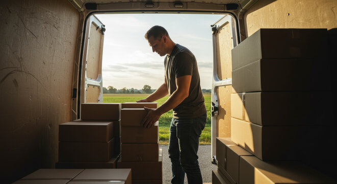 Man Loading Cardboard Boxes into Delivery Truck in Rural Setting