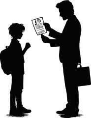 Silhouette of student receiving a report card from teacher vector isolated
on a white background