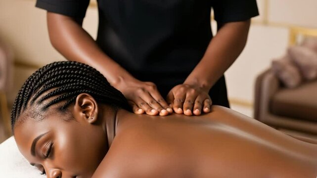 Massagista fazendo massagem v&iacute;deo. Massagem relaxante em um spa no Brasil &mdash; Beauty salon treatment  massage for Black woman, spa