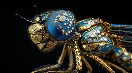 Highly detailed macro photograph of a dragonfly's head, featuring a blue and gold color palette against a black background.