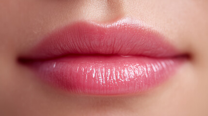 Glossy pink lips in close-up with smooth skin and natural lighting.