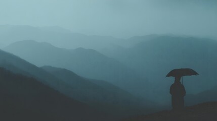 Serene Silhouette of a Person with Umbrella Against Foggy Mountains
