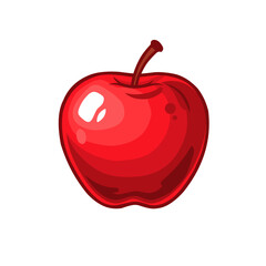 A vibrant, cartoon-style image of a ripe red apple, featuring highlights and a brown stem