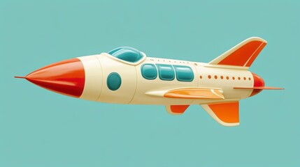 Retro Toy Rocket Ship with Orange Accents against a Clean Blue Background