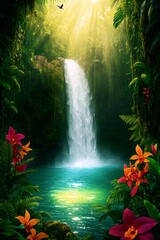 Cascade Serenity: Experience the breathtaking majesty of a vibrant waterfall cascading into a tranquil pool, encircled by lush, tropical foliage bathed in the radiant sunlight.