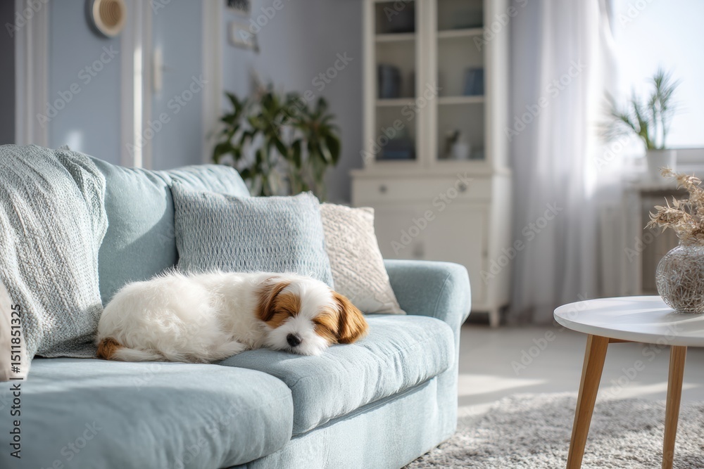 Poster cozy living room with a pet resting on the couch in a bright and inviting atmosphere with soft tones