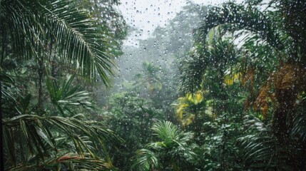 Rain Drops on Glass with Lush Green Jungle Background