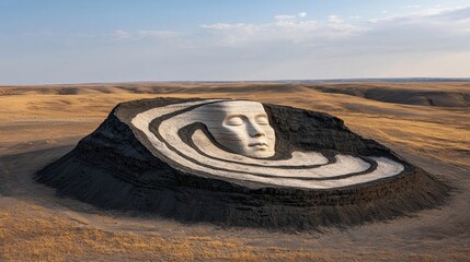 Serene Face Carved into Dark Hill Abstract Land Art Sculpture in Arid Landscape