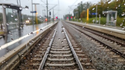 Obraz premium Rainy Train Station View with Droplets on Window Pane