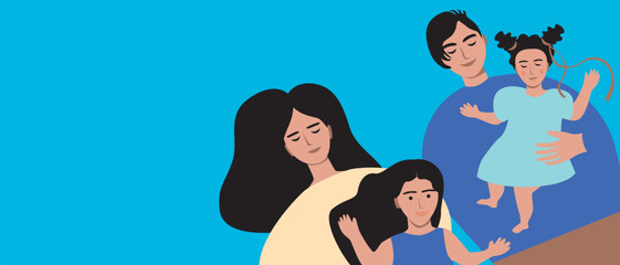 Family home and big happy family, flat vector stock illustration with grandma and grandpa, mom and dad and kids