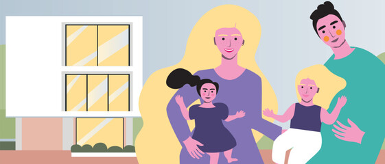 Family home with parents and baby girl, flat vector stock illustration like Authentic Family and sweet home