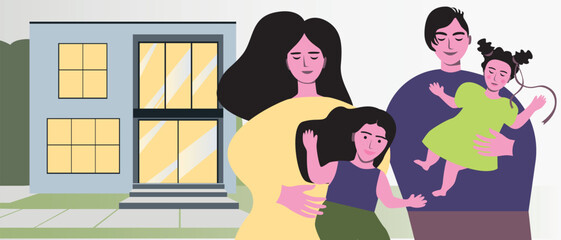 Obraz premium Family home with parents and baby girl, flat vector stock illustration with mom and dad