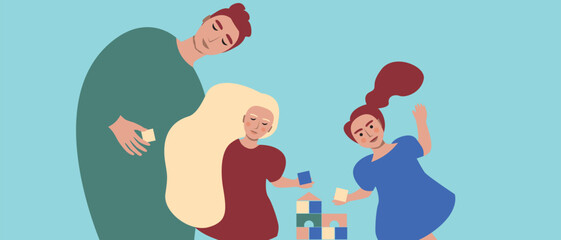 Happy Authentic Family with dad and baby girl playing with cubes, flat vector stock illustration