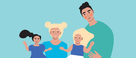 Happy Authentic Family with dad and baby girl, flat vector stock illustration