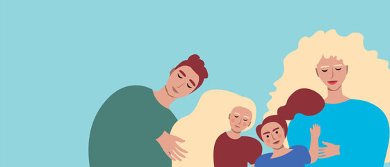 Family home and big happy family, flat vector stock illustration with grandma and grandpa, mom and dad and kids