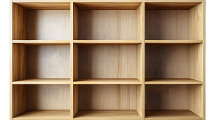 Minimalist white virtual background features a beautifully crafted wooden bookshelf with empty shelves, perfect for showcasing products, books or decorative items.