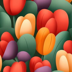 Stylized Seamless Tulip Pattern Red, Orange, Yellow, and Purple Blooms on Green Foliage
