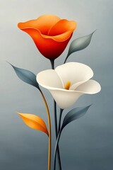 Stylized Orange and White Flowers with Gray Leaves on Gray Background